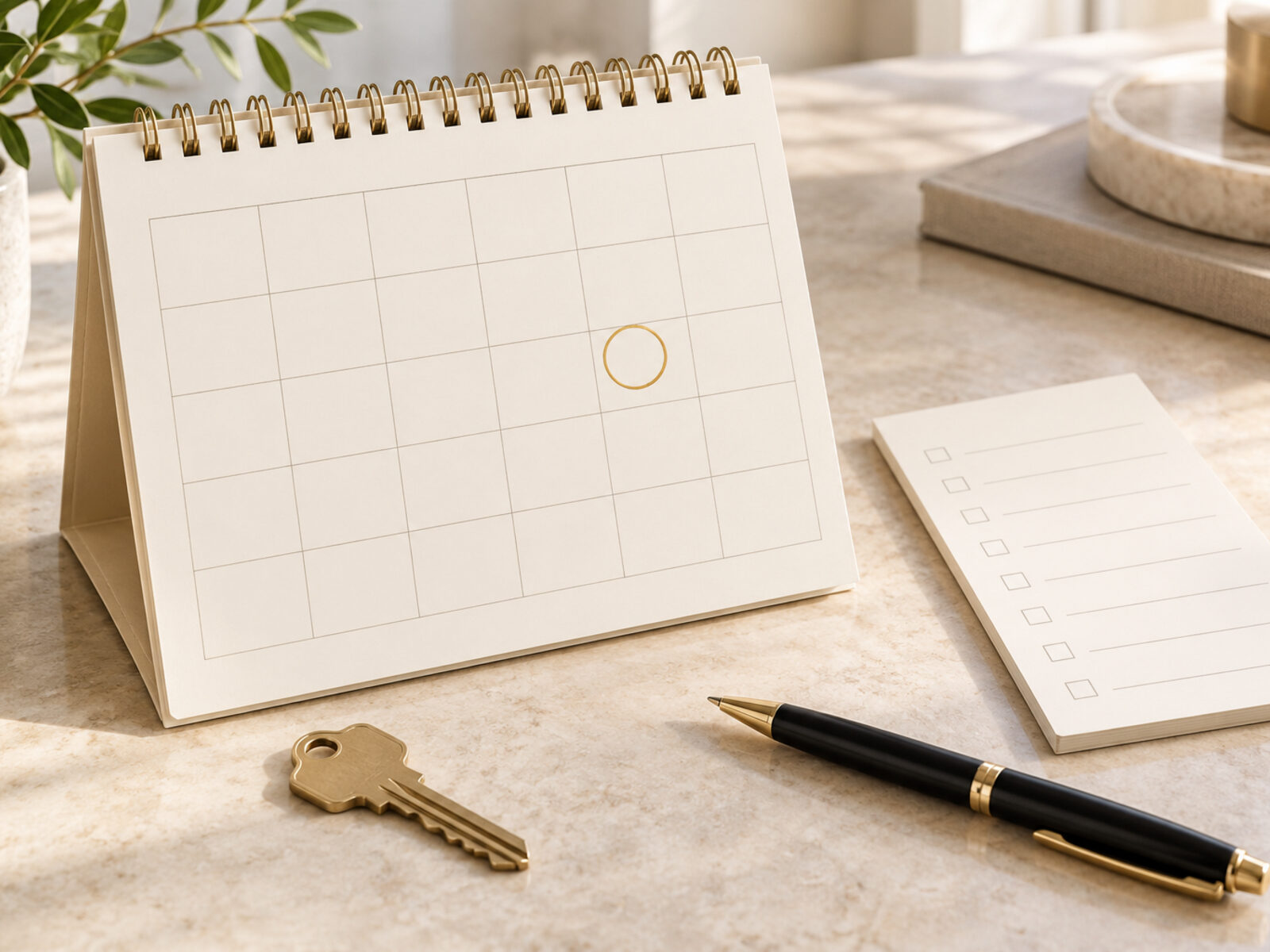 A desk calendar and notebook on a marble surface