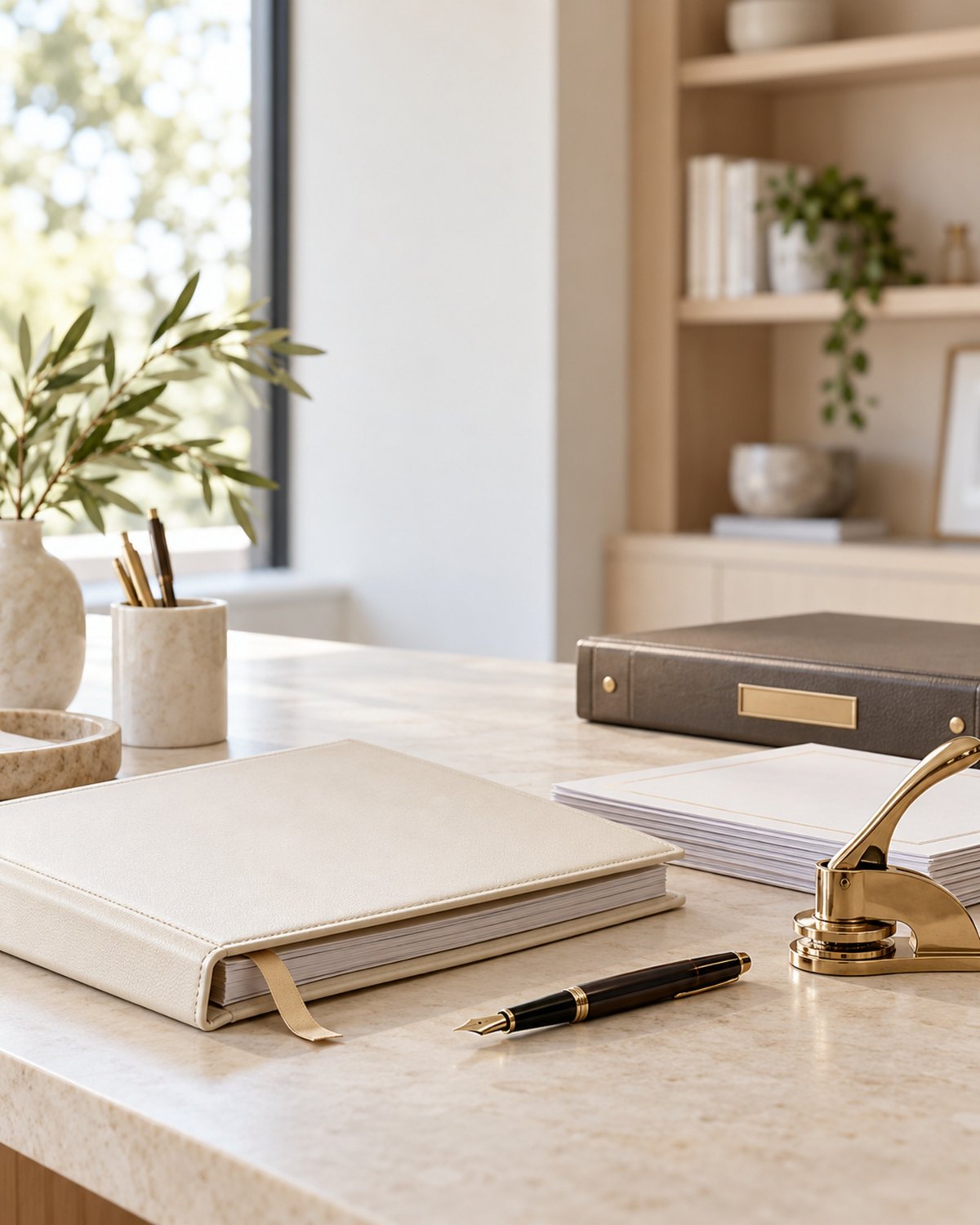 A bound corporate record book, share certificates and a corporate seal on a desk
