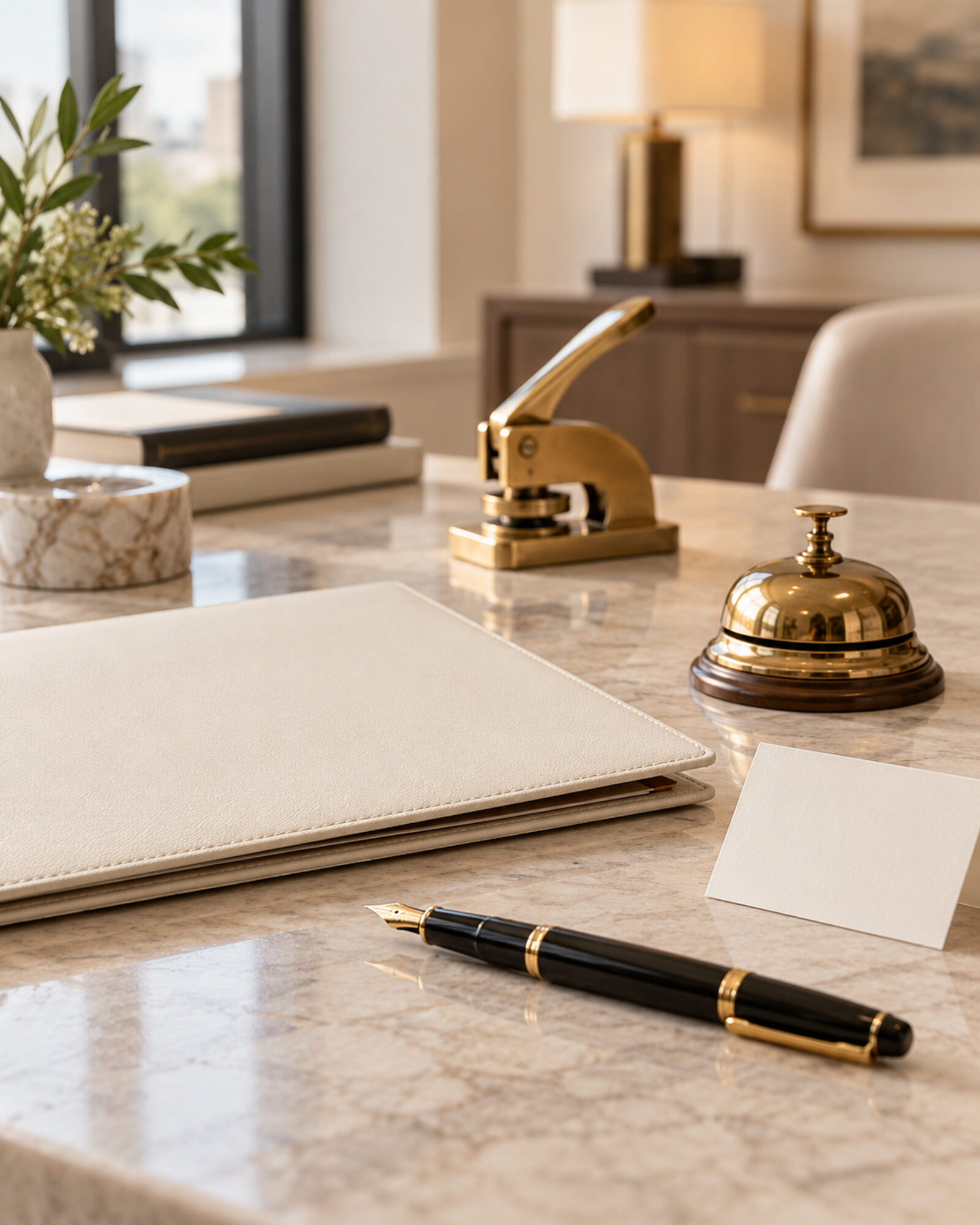 A notary seal, a desk bell and a fountain pen on a marble desk