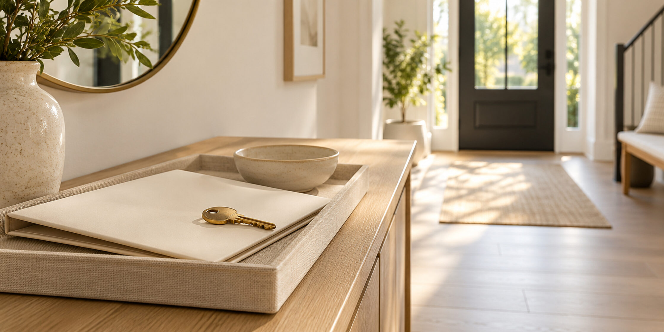 Sunlit entryway of an Ontario home with keys on a console table