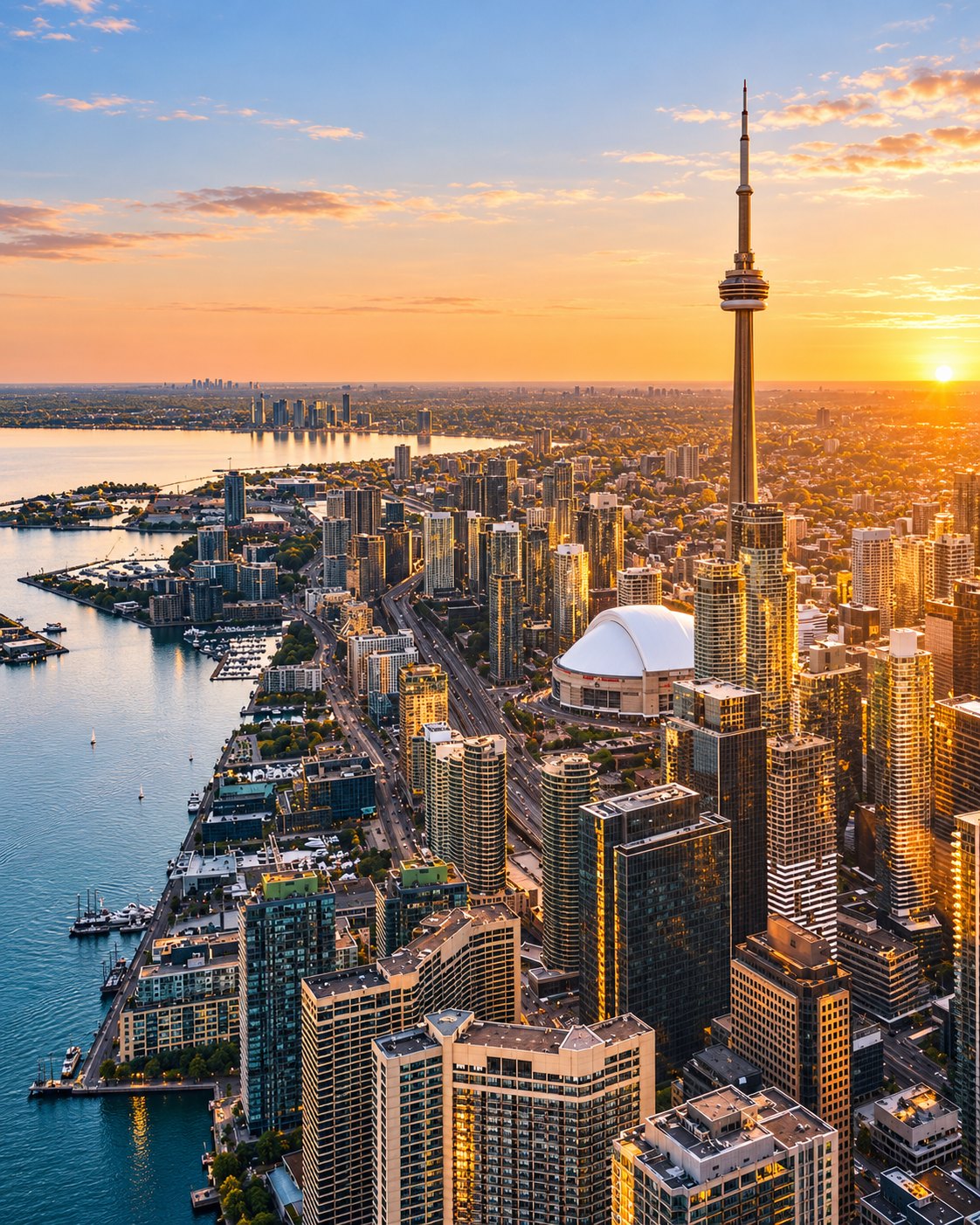 The Toronto skyline at sunset, looking toward the waterfront