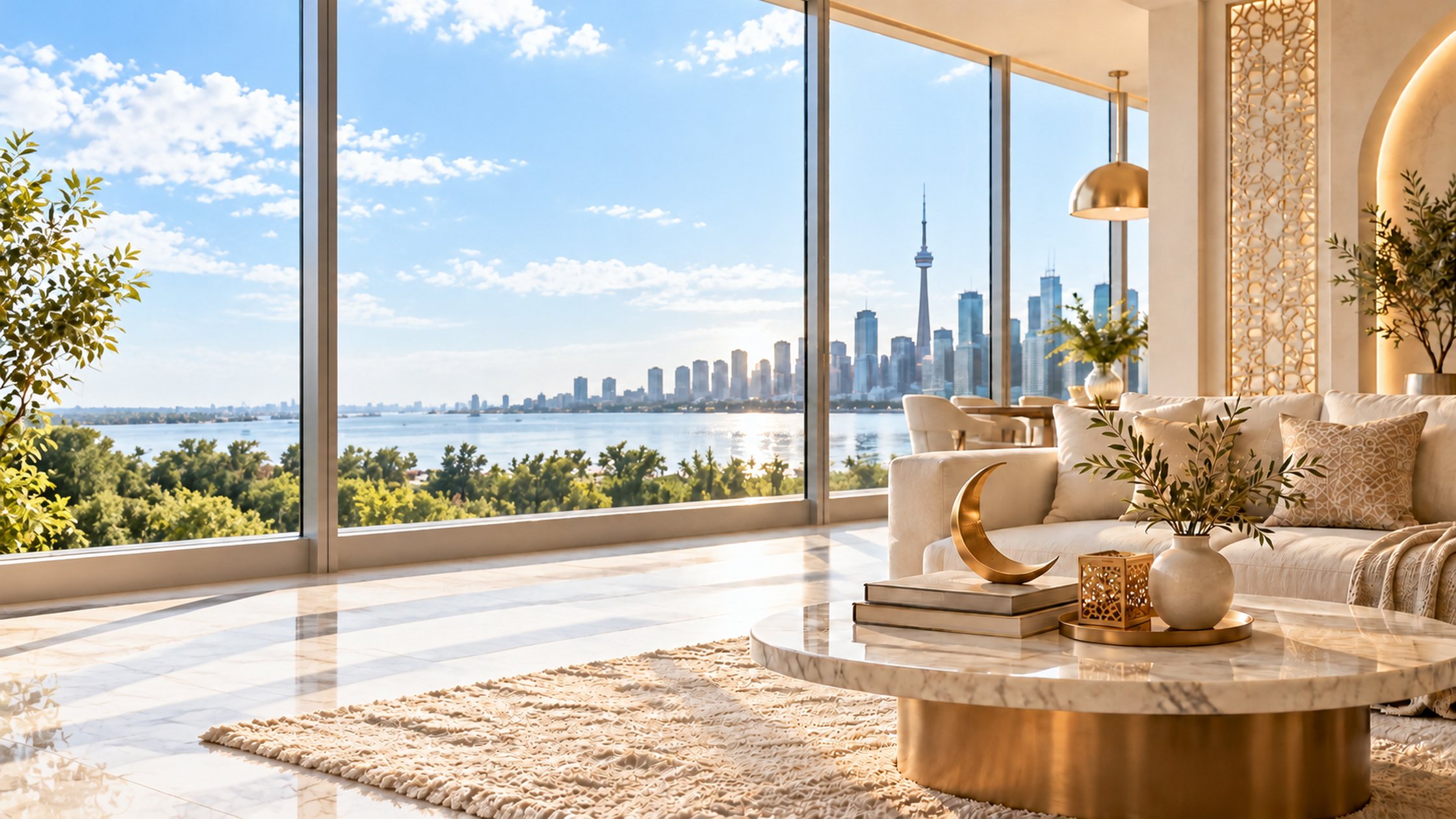 A condominium living room overlooking the Toronto skyline