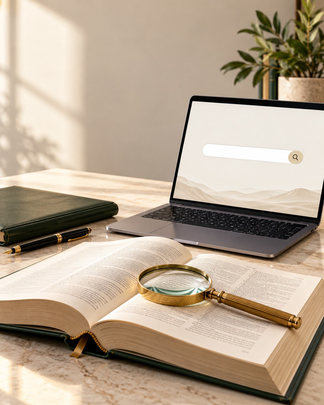 An open reference book with a magnifying glass beside a laptop on a marble desk