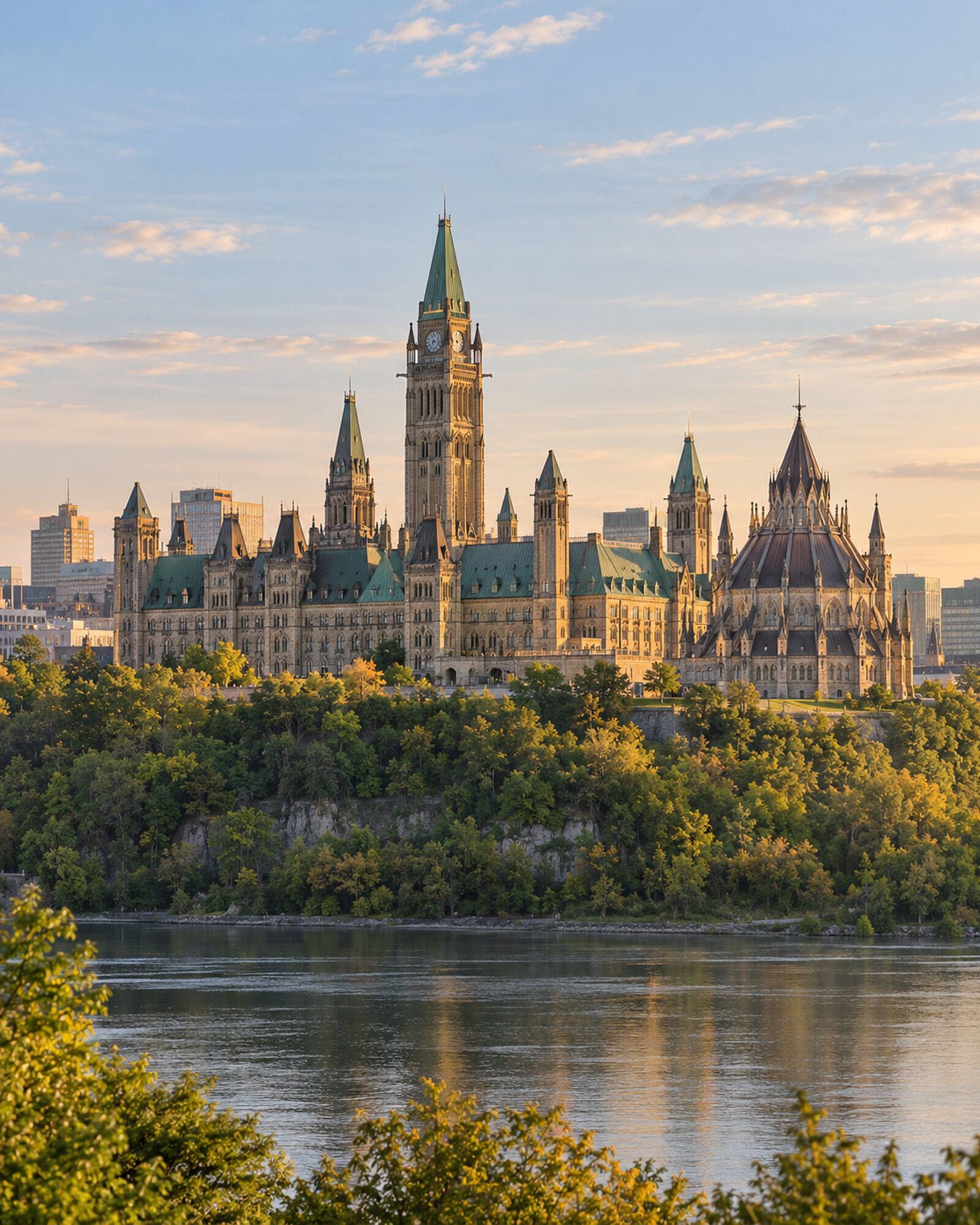 Parliament Hill above the Ottawa River at sunrise