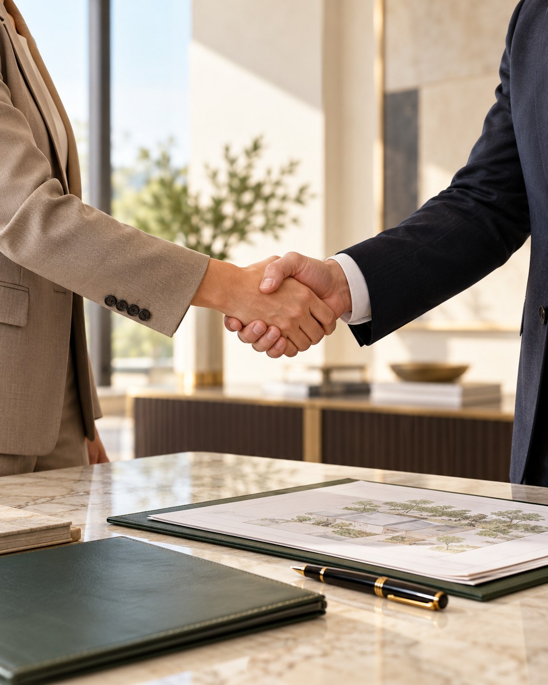 Two professionals shaking hands over a desk with plans and a notebook