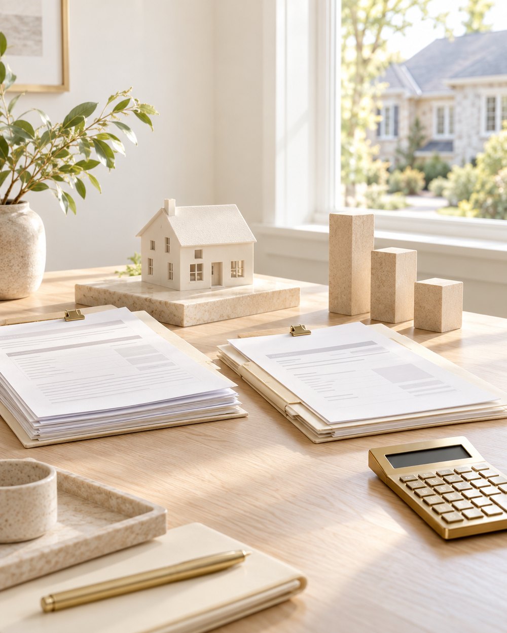 Mortgage paperwork, a calculator and a model house on a desk