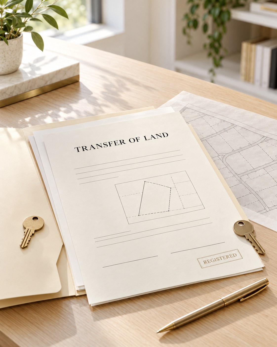 A Transfer of Land document and a survey plan on a desk, with two keys