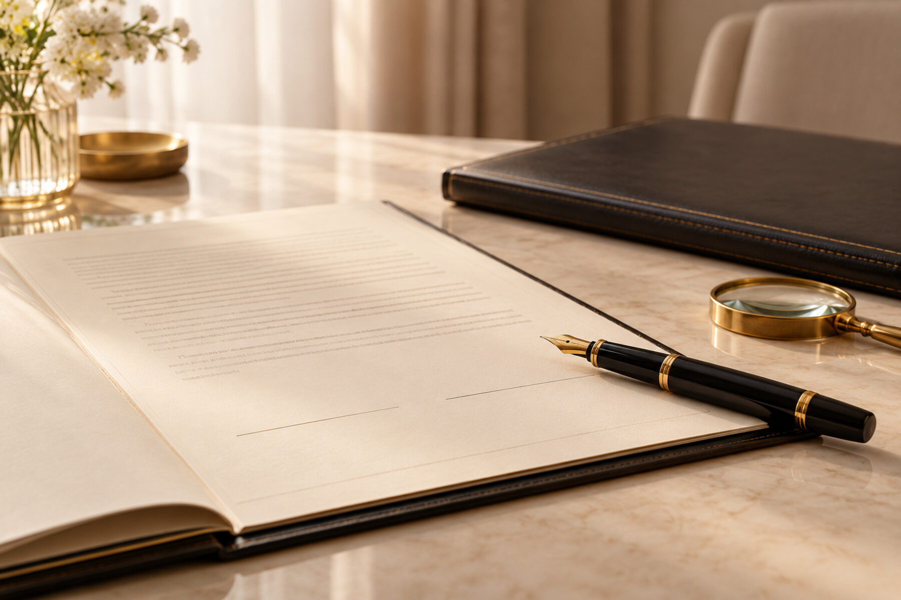 A person signing a document at a desk