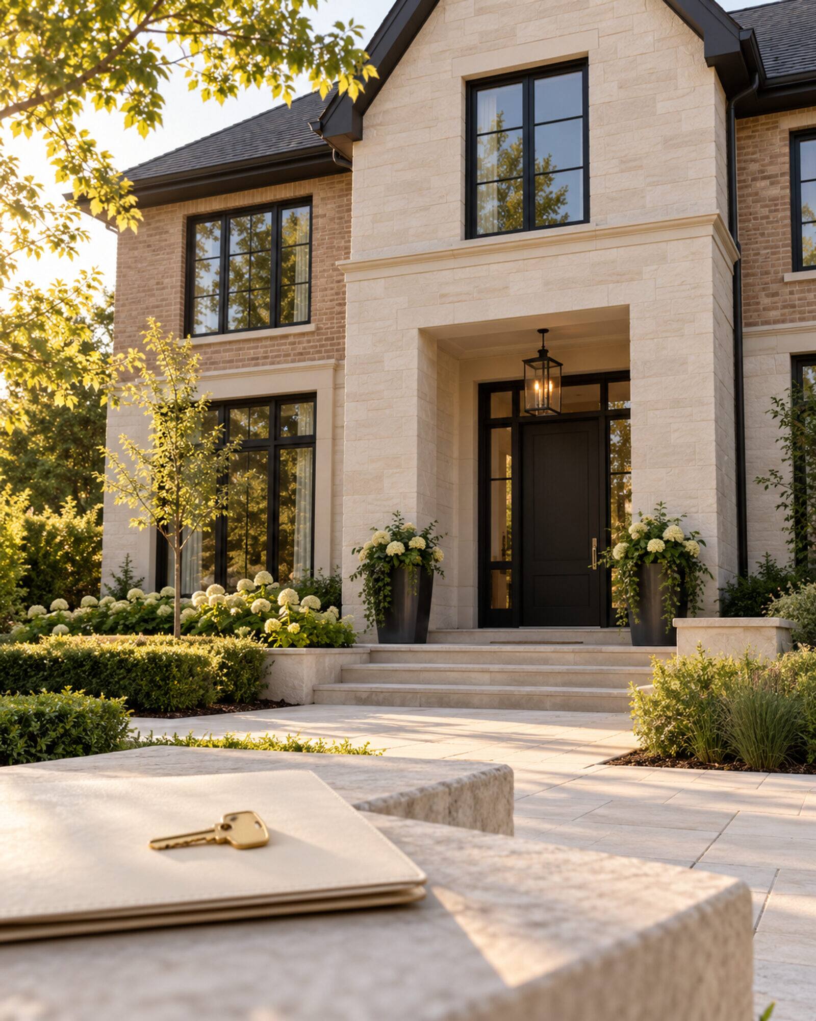 Front entrance of a stone-and-stucco home in Ontario